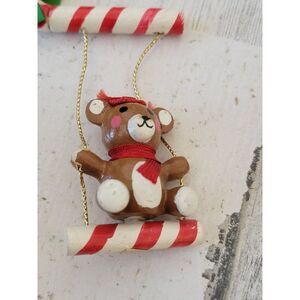Vintage candy cane swing teddy bear wooden ornament Xmas decor